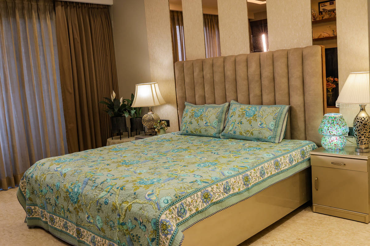 Bird Green Artisans King Size Quilted hand block printed reversible Bedcover