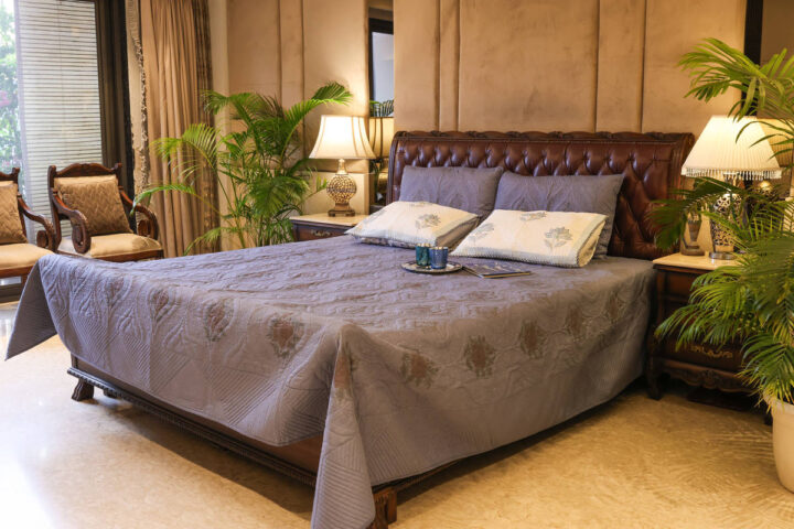 Premium Quilted Bedcover Set – Grey Hand Block printed (King Size)